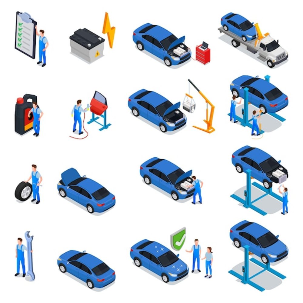 汽车服务等距组工人在车间隔离矢量图中提供检查维修轮胎服务